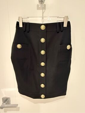 Balmain Black Pencil Skirt with Gold Medallion Buttons